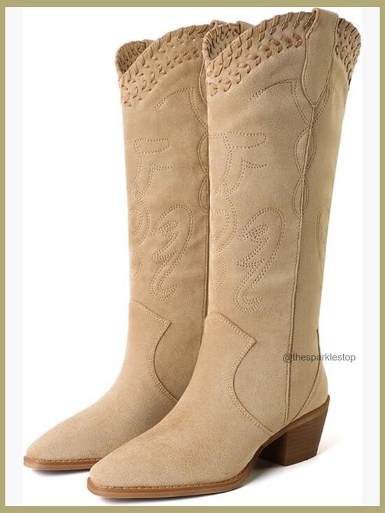 Shoes - Embroidered Square Toe Chunky Heel Western Boots Pull On